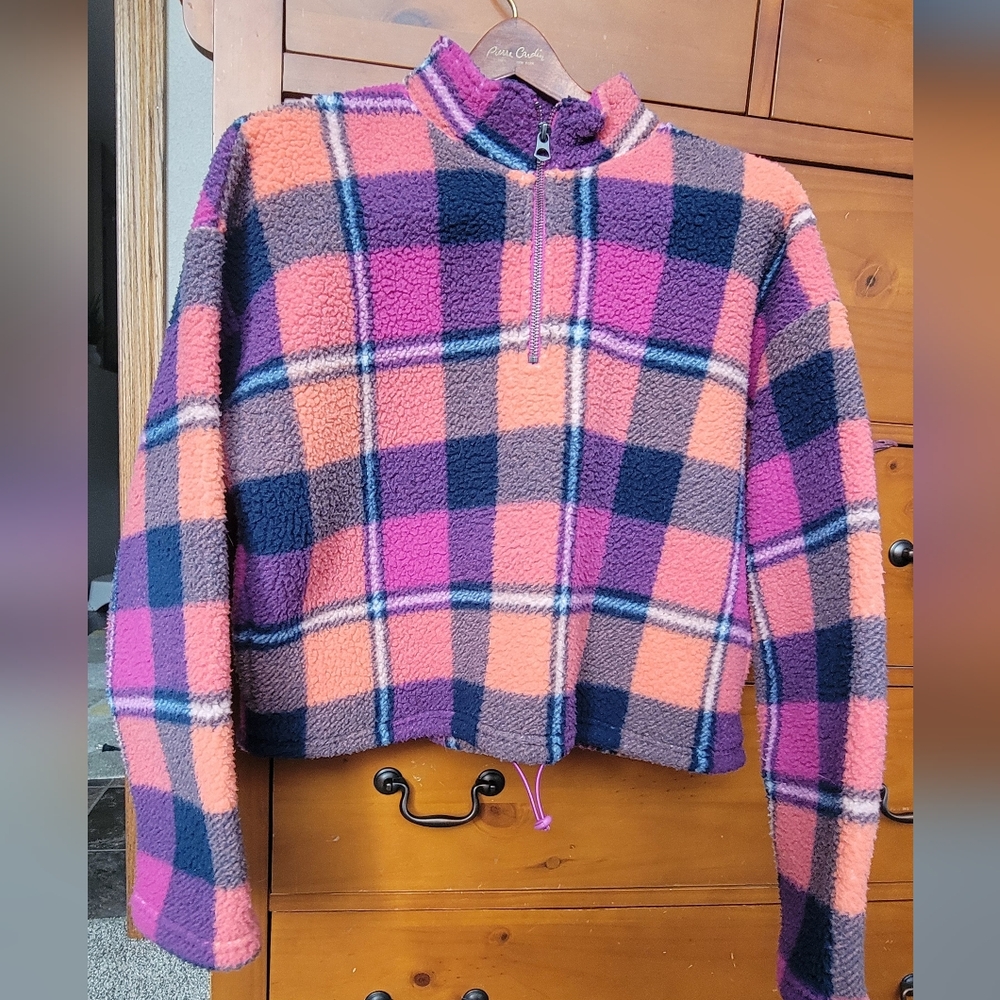 American Eagle Cozy Cropped Oversize Pullover Small Quarter Zip Plaid Mu…